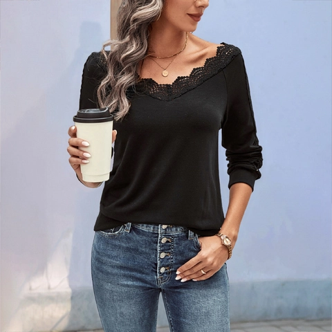 Women Elegant V Neck Lace Patchwork Long Sleeve Top Casual Solid Color T-Shirt A-Line Knit Pullover Blouse For Daily Work