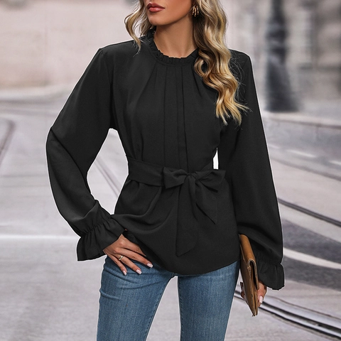 Blusa Elegante de Manga Larga con Volantes para Mujer 100% Poliéster Lazo en la Cintura Ribete con Volantes Plisada Corte Ajustado Negro Top Casual Trabajo