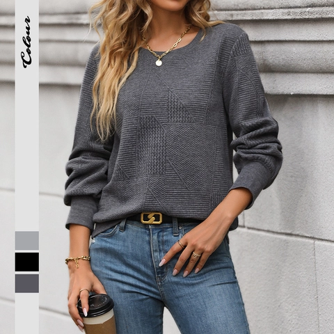 Sweat-shirt Femme Décontracté Col Rond Manches Longues Pullover Rétro Texture Géométrique Top Confortable Automne Streetwear