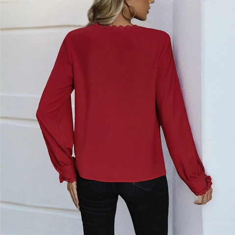 Blusa Elegante de Encaje con Cuello en V para Mujer Manga Larga Color Sólido Jersey Top Casual Oficina Moda Poliéster