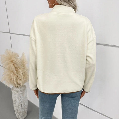 Chaqueta de Vellón Polar Casual para Mujer Color de Contraste Cuello Alzado Botón de Presión Manga Larga Abrigo de Vellón Cálido