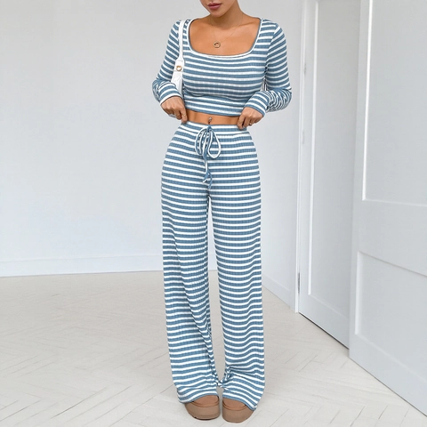 Polyester Spandex Blue White Striped Ribbed Knit Square Neck Crop Top And High Waist Wide Leg Pants Loungewear Outfit