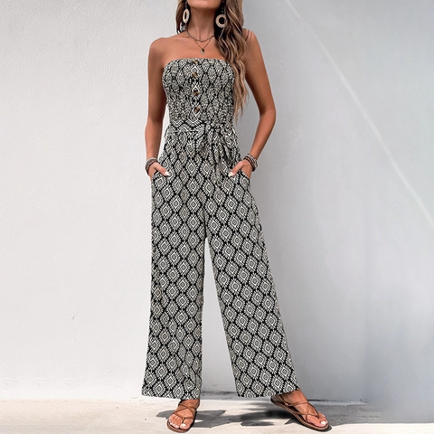 Tuta Donna Bohémienne Senza Spalline Stampa Geometrica Rombo Punto Smock Gamba Larga Romper Estate Vacanza Vita Alta Tuta