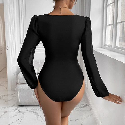 Damen Eleganter Schwarzer Bodysuit Herz Ausschnitt Netz Patchwork Langarm Schlanke Passform Mode Einteiler Jumpsuit Top Für Party
