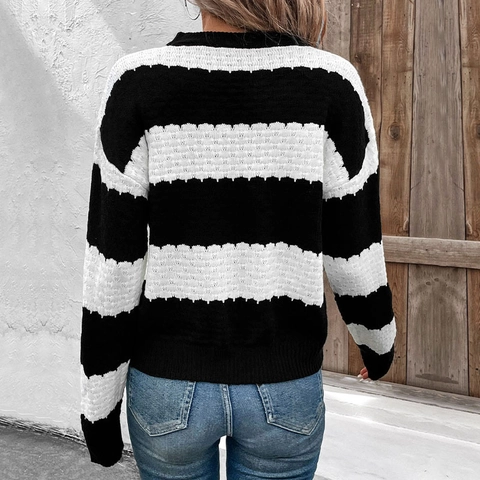 Dames Casual Zwart En Wit Gestreepte Gebreide Trui Ronde Hals Lange Mouw Pullover Normale Pasvorm Zachte Warme Top