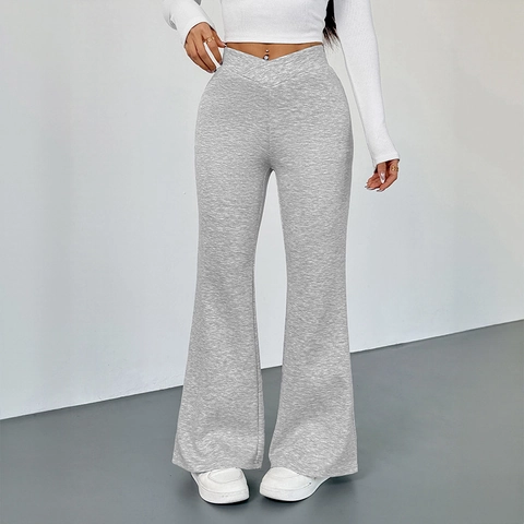 Pantaloni a Zampa Donna Vita a V Incrociata Grigio Melange Casual Alta Elasticità Maglia Snellenti Pantaloni Gamba Larga