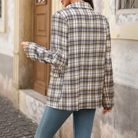 Women Vintage Plaid Blazer Jacket Preppy Style Letter Patch Long Sleeve Casual Outwear Coat Coffee Brown Plaid Blazer