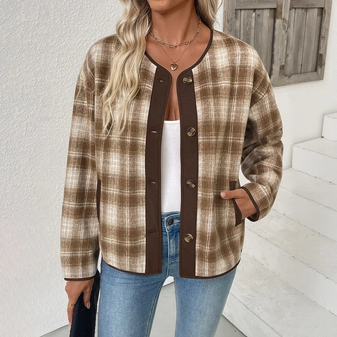 Dames Vintage Ruitjes Ronde Hals Knopen Jas Lange Mouw Contrast Bies Casual Polyester Cardigan Mantel