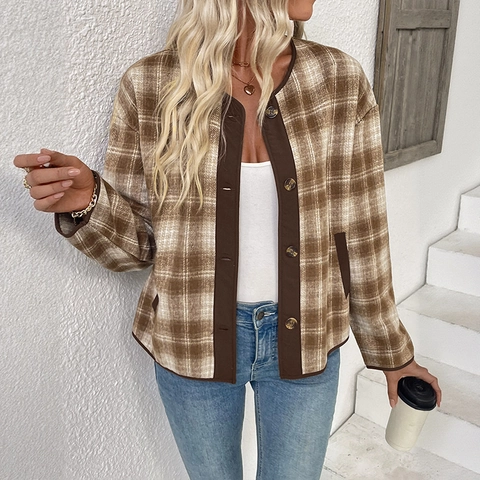 Dames Vintage Ruitjes Ronde Hals Knopen Jas Lange Mouw Contrast Bies Casual Polyester Cardigan Mantel