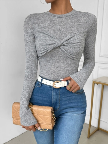 Women Casual Twist Front Long Sleeve T-Shirt Heather Grey Slim Fit Round Neck Basic Knit Top For Office Daily Wear