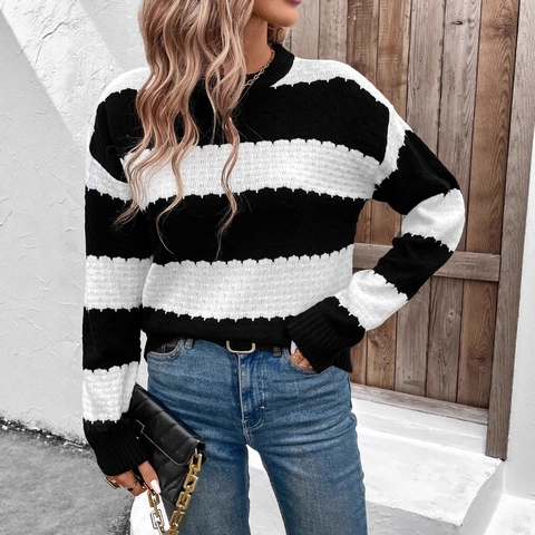 Dames Casual Zwart En Wit Gestreepte Gebreide Trui Ronde Hals Lange Mouw Pullover Normale Pasvorm Zachte Warme Top