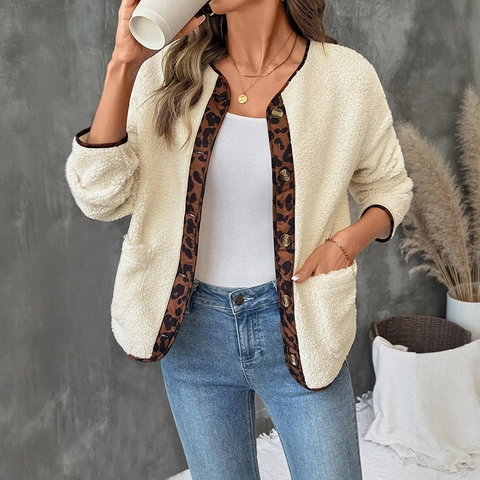 Dames Casual Sherpa Fleece Jas Luipaardprint Contraststiksel Cardigan Losse Enkele Rij Knoppen Korte Pluche Jas Herfst Winter