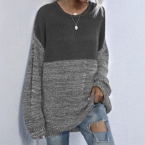 Maglione da Donna Casual Largo a Blocchi di Colore Girocollo Oversize Manica Lunga Patchwork Top in Maglia per Autunno Inverno