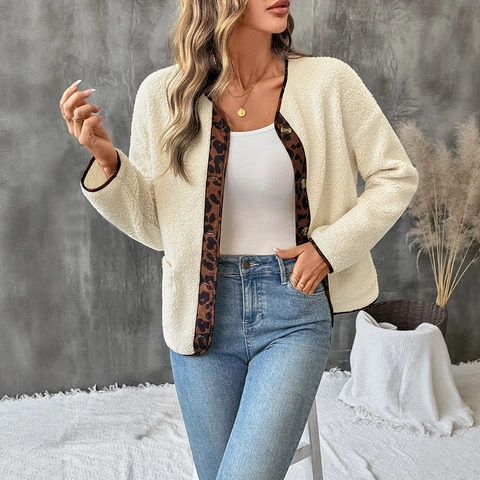 Dames Casual Sherpa Fleece Jas Luipaardprint Contraststiksel Cardigan Losse Enkele Rij Knoppen Korte Pluche Jas Herfst Winter