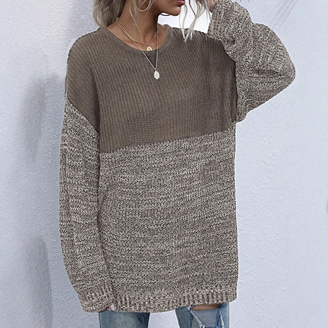 Maglione da Donna Casual Largo a Blocchi di Colore Girocollo Oversize Manica Lunga Patchwork Top in Maglia per Autunno Inverno