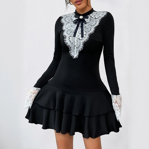 Franse Vintage Kant Patchwork Mini Jurk Vrouwen Strik Lange Mouw Ruffle Zoom Polyester Elastaan Elegante Feestjurk Zwart