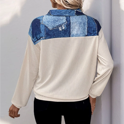 Felpa da Donna con Zip a un Quarto Patchwork Manica Lunga in Maglia a Costine Stampa Denim Color Block Pullover Casual