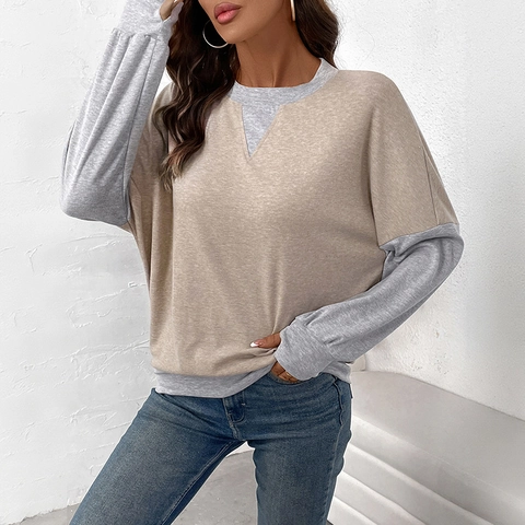 Sudadera Casual de Bloques de Color para Mujer Cuello Redondo Holgado Jersey de Manga Larga Top de Punto de Retazos Moda de Otoño Caqui Gris
