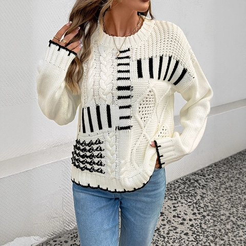 Women Casual Contrast Stripe Knitted Sweater Pullover Vintage Cable Knit Round Neck Loose Drop Shoulder Long Sleeve Top