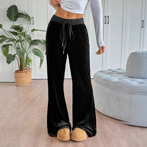 Damen Casual Hohe Taille Samt Schlaghose Einfarbig Schwarz Kordelzug Weites Bein Hose Locker Bequem Weich Herbst Unterteil