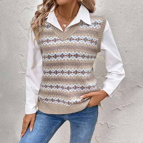 Pull sans Manches Femme Vintage Fair Isle Tricoté Col en V Jacquard Géométrique Top de Superposition Automne Hiver