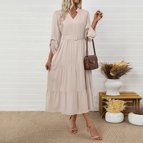 Elegante Vestido Maxi de Capas con Cuello en V y Manga Larga con Cinturón Mujer Color Sólido Línea A Dobladillo con Volantes