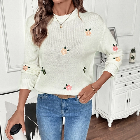 Damen Süß Blumen Stickerei Strickpullover Langarm Rundhalsausschnitt Gerippt Off White Acryl Lässig Winter Pullover Top