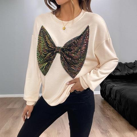Women Casual Apricot Sweatshirt Long Sleeve Oversized Sequin Bowknot Decor Fashion Crewneck Pullover Top For Daily Wear