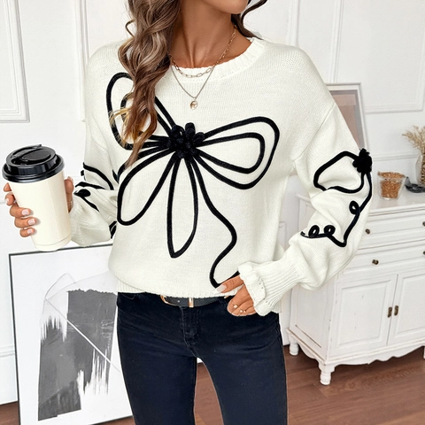 Pull en Tricot pour Femmes Col Rond Manches Longues Motif Nœud 3D Couleur Contrastée Pullover Décontracté Mode Automne Hiver