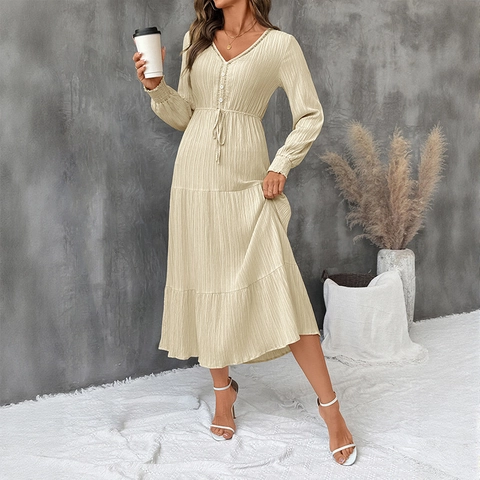 Vestido Maxi Elegante para Mujer Cuello en V Manga Larga Escalonado Mezcla Viscosa Texturizada Color Sólido Cintura Cordón Boho