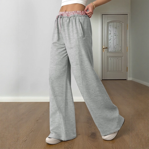 Damen High Waist Weites Bein Jogginghose Karierter Bund Kordelzug Lässig Lose Lounge Hose Mit Taschen Herbst