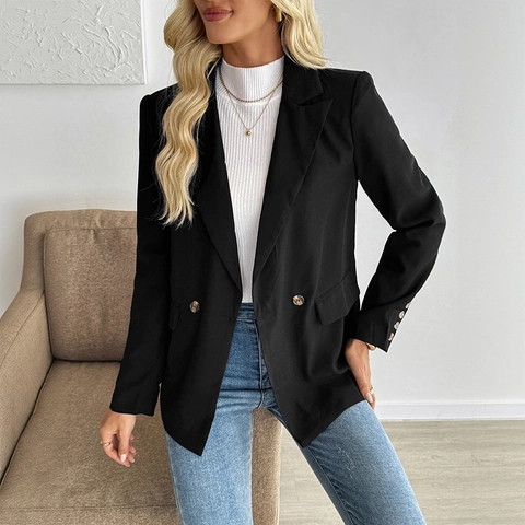 Women's Casual Black Blazer Notched Lapel Double Breasted Long Sleeve Suit Jacket For Office Daily Wear Polyester Blend