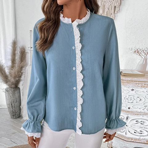 Damen Elegant Spitze Patchwork Langarm Bluse Vintage Französischer Stil Viskose Polyester Mischung Einreihiges Casual Top