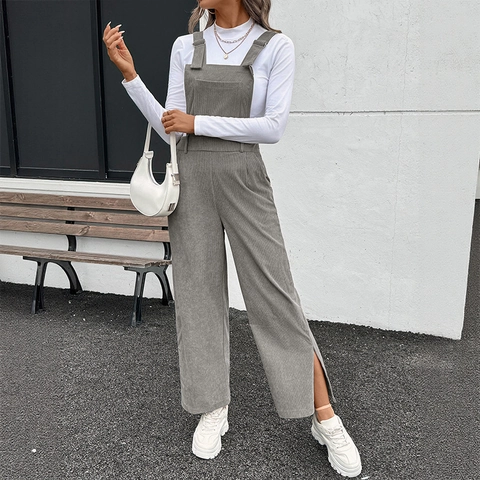 Dames Casual Vintage Corduroy Overal Jumpsuit Wijde Pijpen Verstelbare Bretels Hoge Taille Zijsplit Lange Playsuit Streetwear