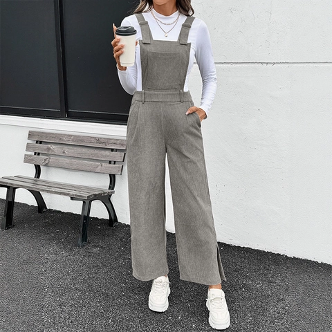 Dames Casual Vintage Corduroy Overal Jumpsuit Wijde Pijpen Verstelbare Bretels Hoge Taille Zijsplit Lange Playsuit Streetwear