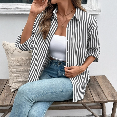 Damen Casual Vertikal Gestreift Hemd Revers Einreihig Langarm Bluse Büro Pendler Elegant Schwarz Weiß Gestreiftes Top