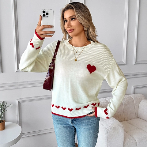 Women Casual Crew Neck Heart Jacquard Knit Sweater Pullover Long Sleeve White Red Heart Pattern Acrylic Knitwear Top