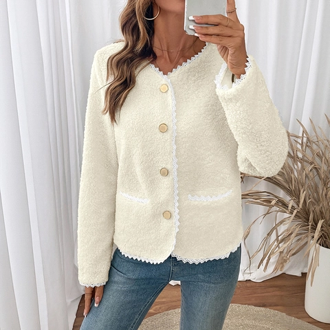 Damen Elegante Lammwolle Jacke Mit Spitzenbesatz V-Ausschnitt Goldene Knöpfe Cremeweiß Gespleißte Strickjacke Mode Oberbekleidung
