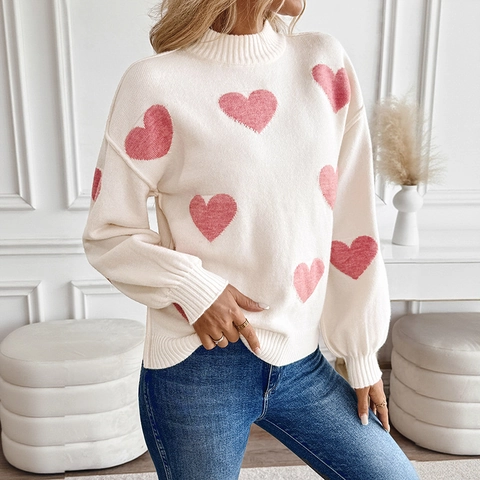 Suéter de Punto Jacquard de Corazón de Navidad para Mujer Cuello Semialto Pullover Oversized Manga Larga Mezcla de Acrílico Suave Top Casual