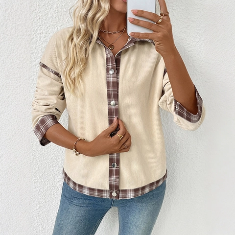 Dames Vintage Corduroy Patchwork Ruitjes Overhemd Jas Revers Metalen Knopen Casual Lange Mouwen Herfst Bovenkleding Top Damesmode