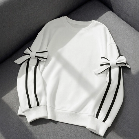 Women Casual Long Sleeve Crew Neck Sweatshirt Contrast Color 3D Bow Decoration Ribbed Trim Fashion Pullover Top