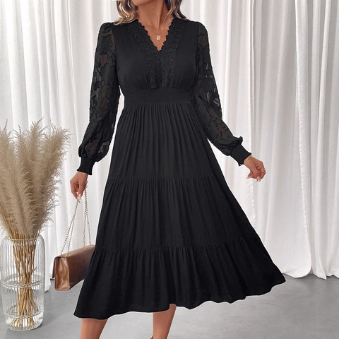 Dames Elegante V-Hals Lange Mouw Kant Mesh Gelaagde Maxi-jurk Hoge Taille Franse Stijl Geborduurde Bloem Jurk