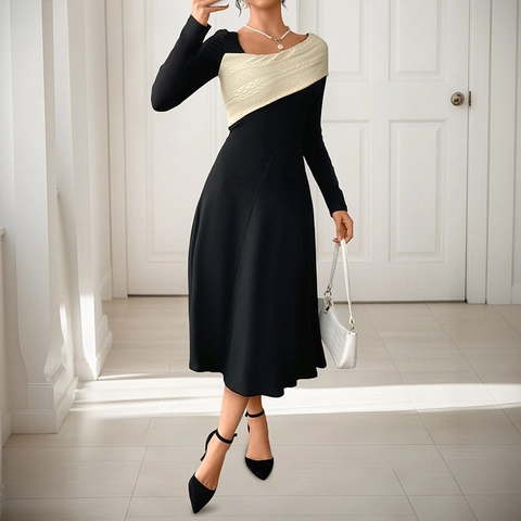 Γυναικείο Κομψό Patchwork Midi Φόρεμα Μακρύ Μανίκι Πλεξούδα Ασύμμετρη Λαιμόκοψη Slim Fit A-Line Φθινόπωρο