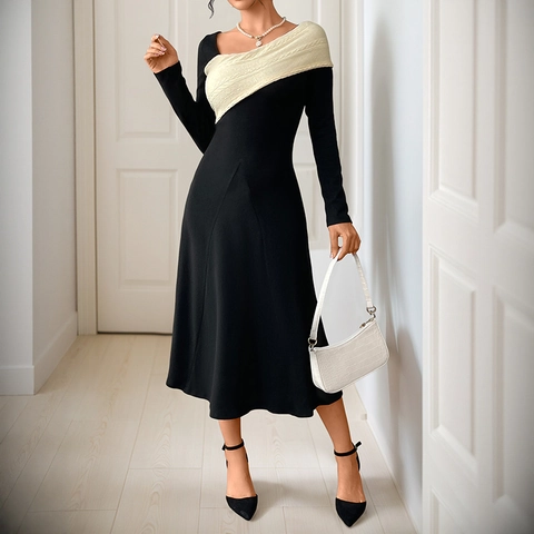 Γυναικείο Κομψό Patchwork Midi Φόρεμα Μακρύ Μανίκι Πλεξούδα Ασύμμετρη Λαιμόκοψη Slim Fit A-Line Φθινόπωρο