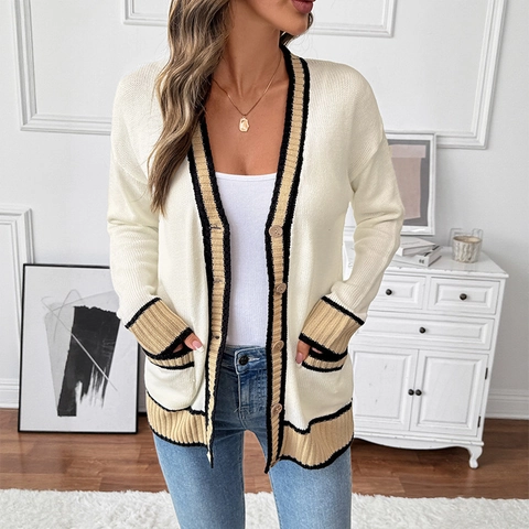 Women V Neck Contrast Stripe Knitted Cardigan Casual Loose Button Down Sweater Coat With Pockets Long Sleeve Soft Top