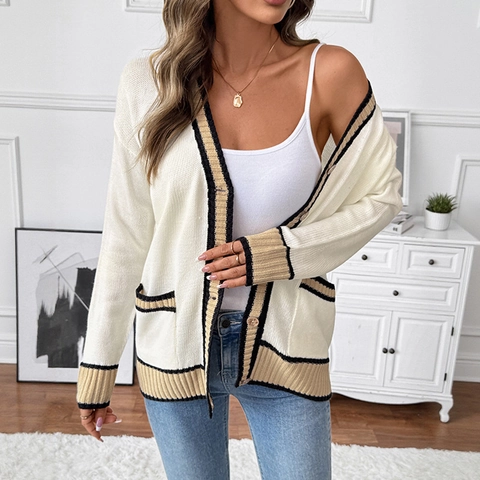 Women V Neck Contrast Stripe Knitted Cardigan Casual Loose Button Down Sweater Coat With Pockets Long Sleeve Soft Top
