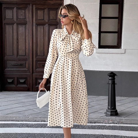 Dames Vintage Polkadots Midi Jurk Elegant Strikkraag Lange Mouw Hoge Taille A-Lijn Polyester Jurk Voor Dagelijks Kantoor