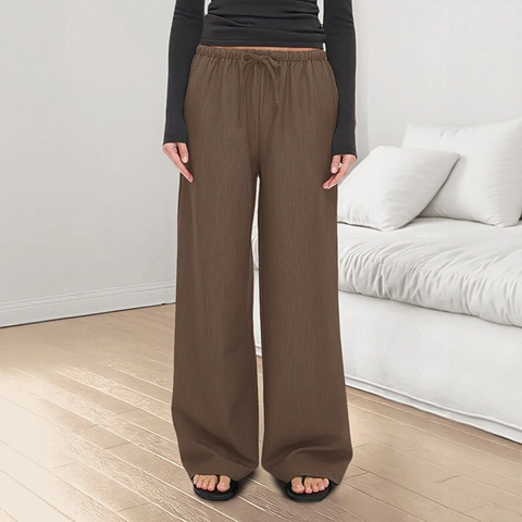 Pantaloni Casual da Donna con Coulisse Vita Elastica Gamba Larga Tinta Unita Comfort Gamba Dritta Larghi Versatili Tessuti