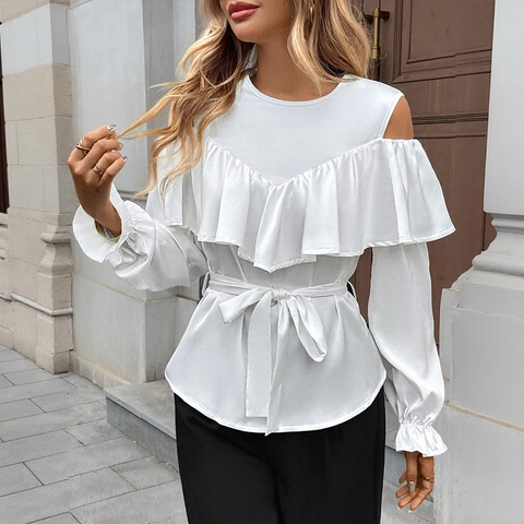 Elegante Weiße Satin Rüschen Schulterfrei Bluse Für Damen Langarm Rundhals Bindegürtel Mode Top Bluse