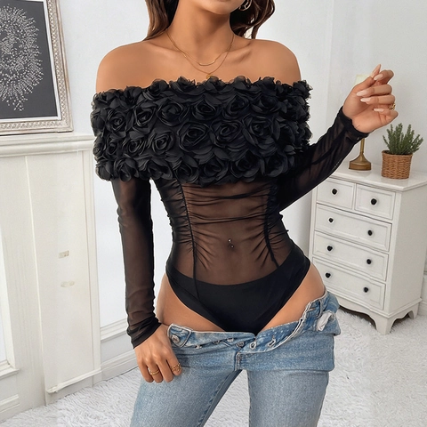 Women Off Shoulder Mesh Bodysuit Sexy 3D Floral Long Sleeve Ruched Sheer Party Top Slim Fit Black Jumpsuit